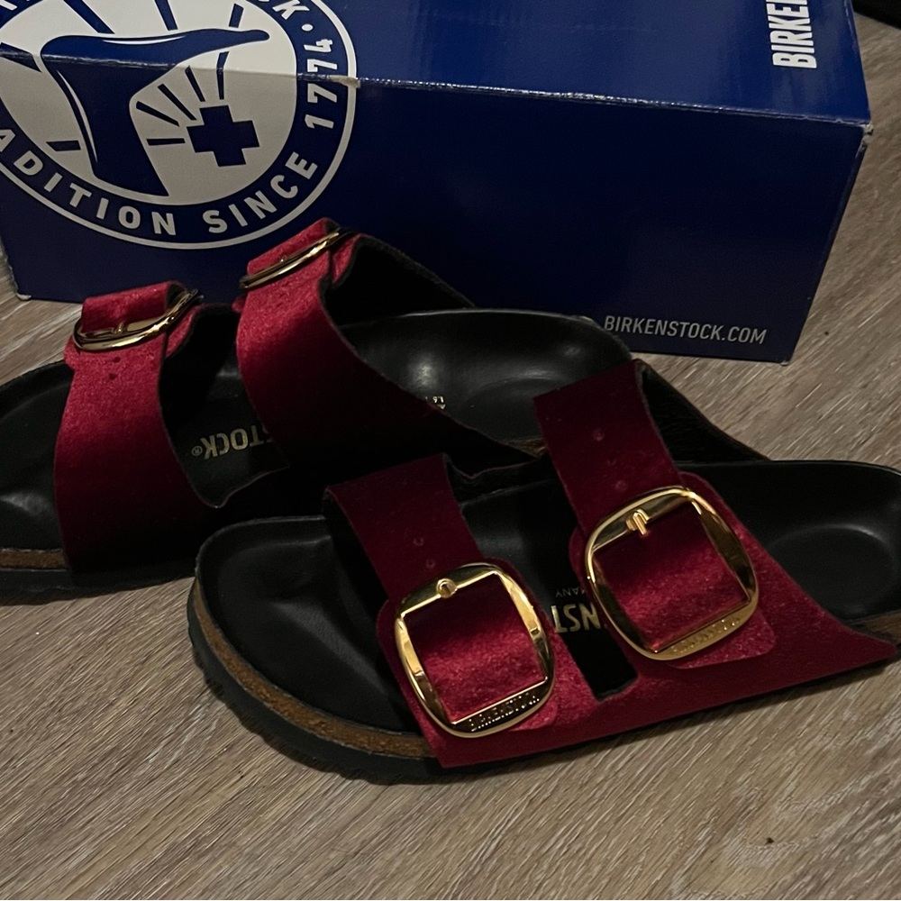 Birkenstock Velvet Red Sandals with Gold Accents